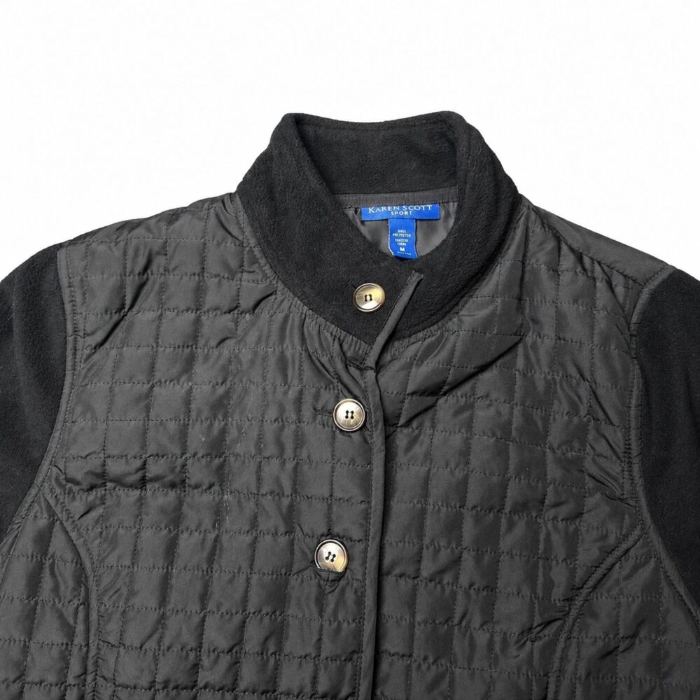 Karen Scott Sport Womens M Black Quilted Fleece Sleeve Jacket Button - Picture 2 of 5